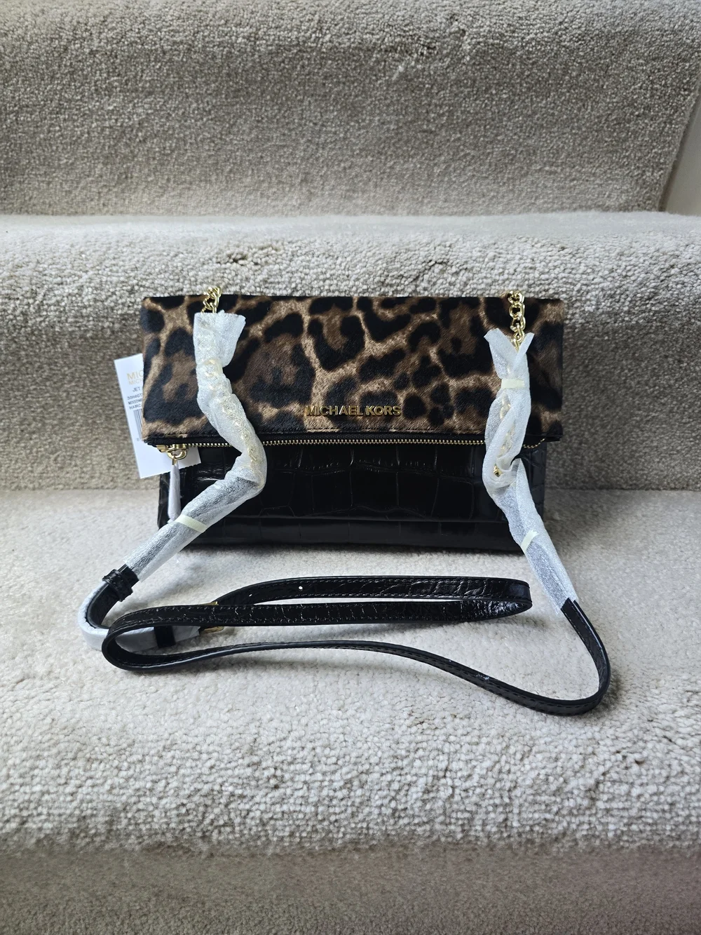 Michael Kors Leopard-Trim Fold-Over Crossbody in Black and Brown
